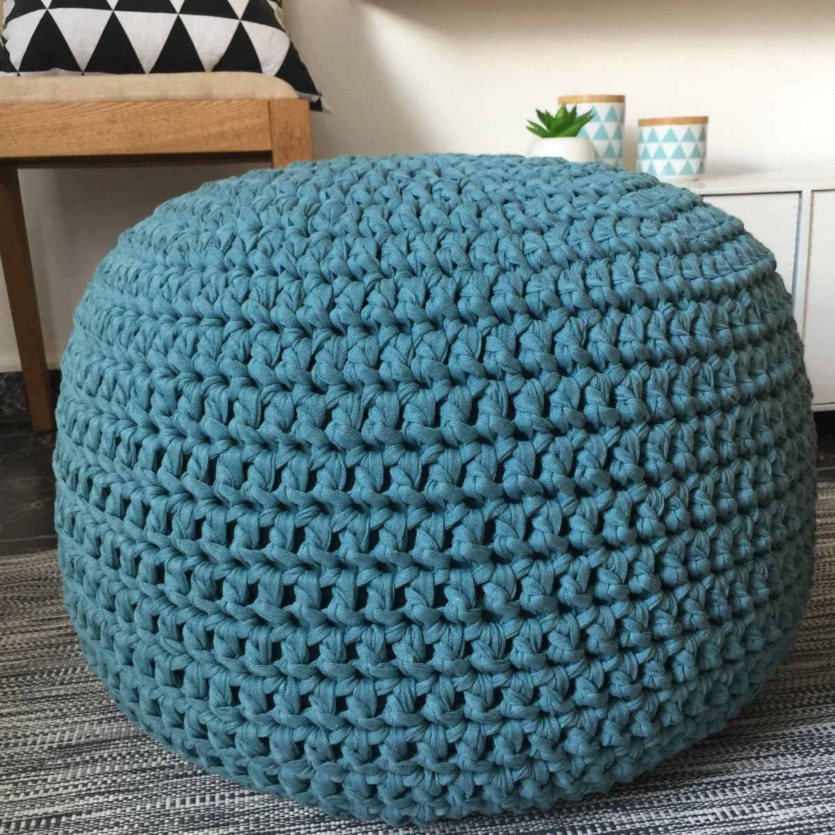 Teal Blue Round Pouffe Ottoman - Chunky Knitted