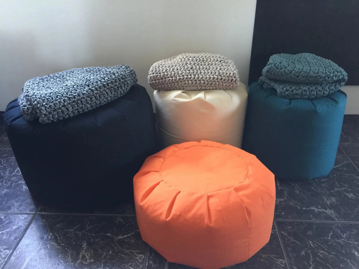 Teal Blue Round Pouffe Ottoman - Chunky Knitted