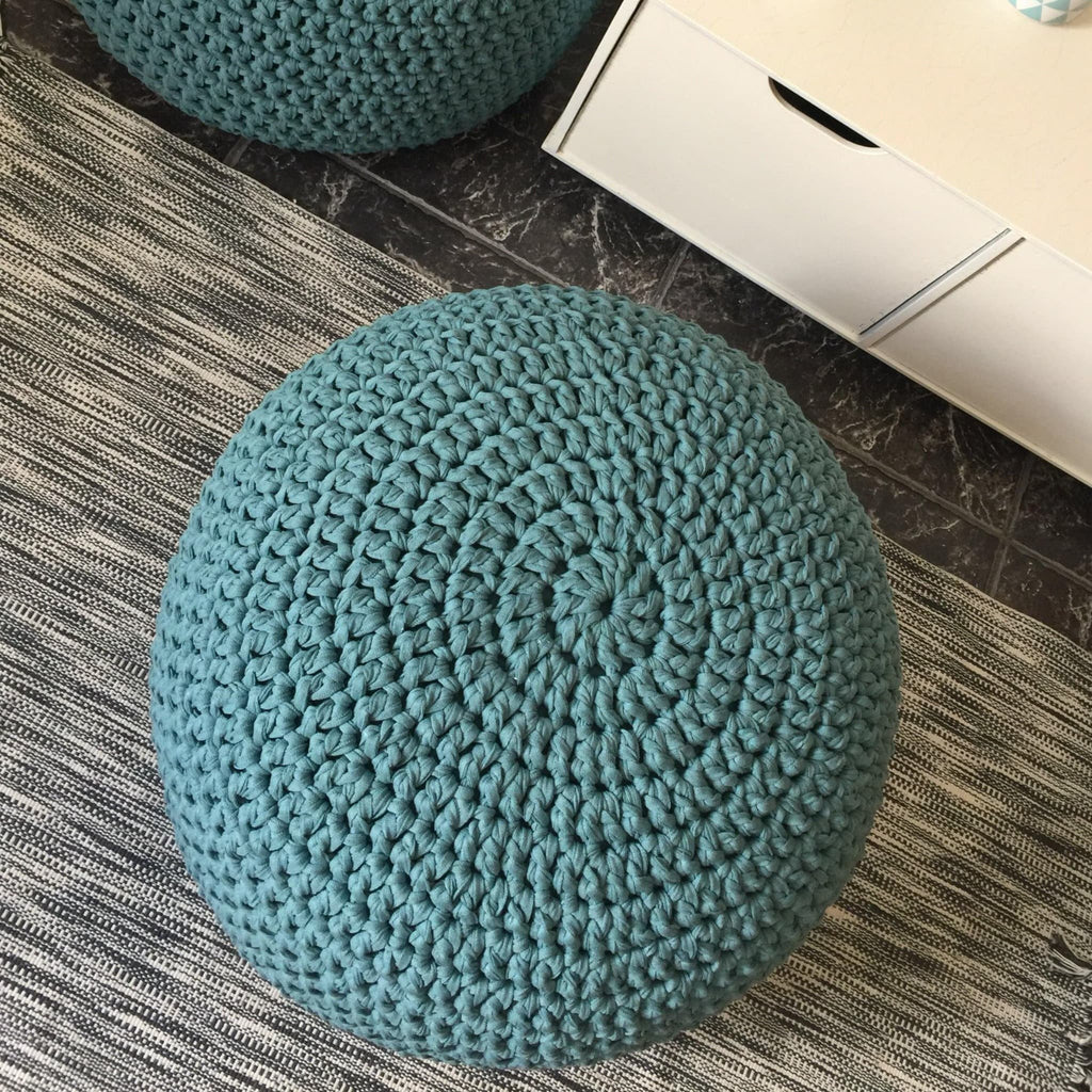Teal Blue Round Pouffe Ottoman - Chunky Knitted