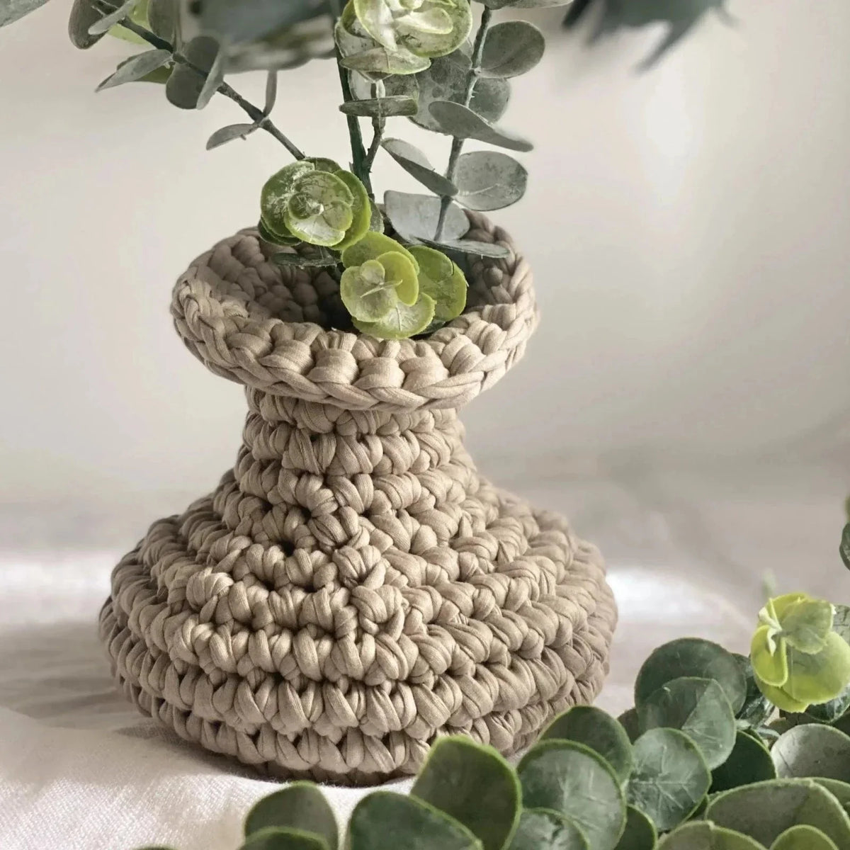 Unique Crochet Vase, Beige Rustic Jar