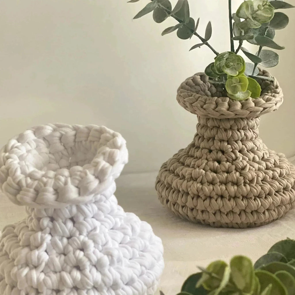 Unique Crochet Vase, Beige Rustic Jar