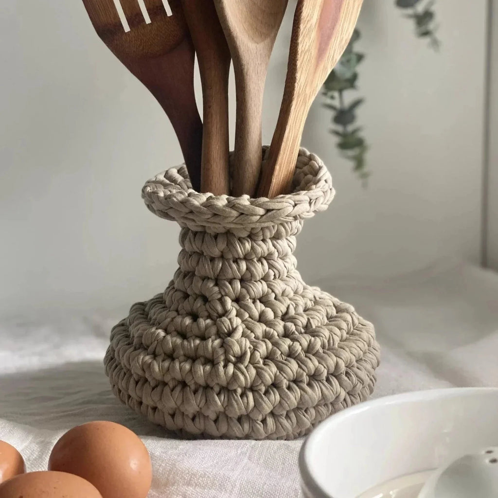 Unique Crochet Vase, Beige Rustic Jar
