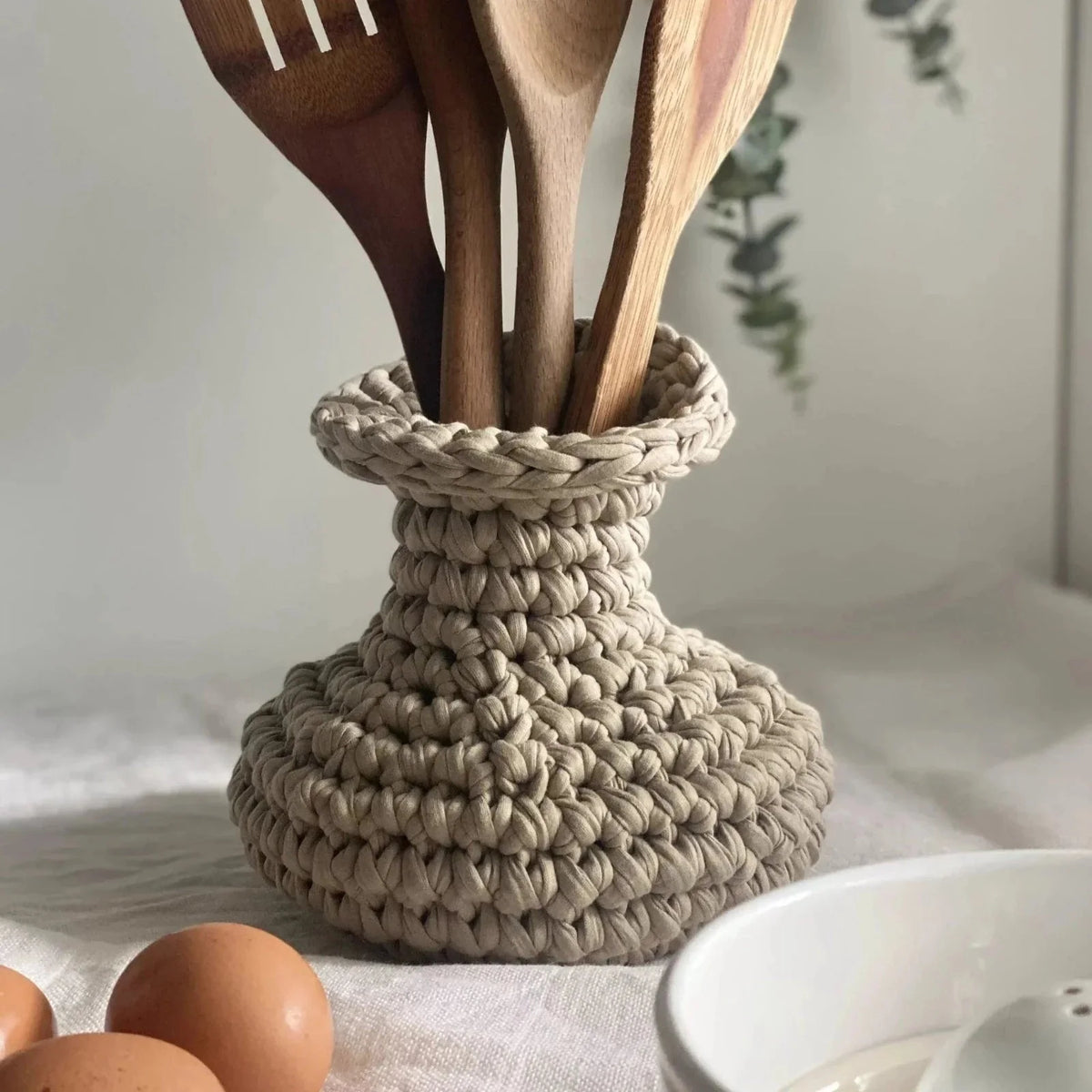 Unique Crochet Vase, Beige Rustic Jar