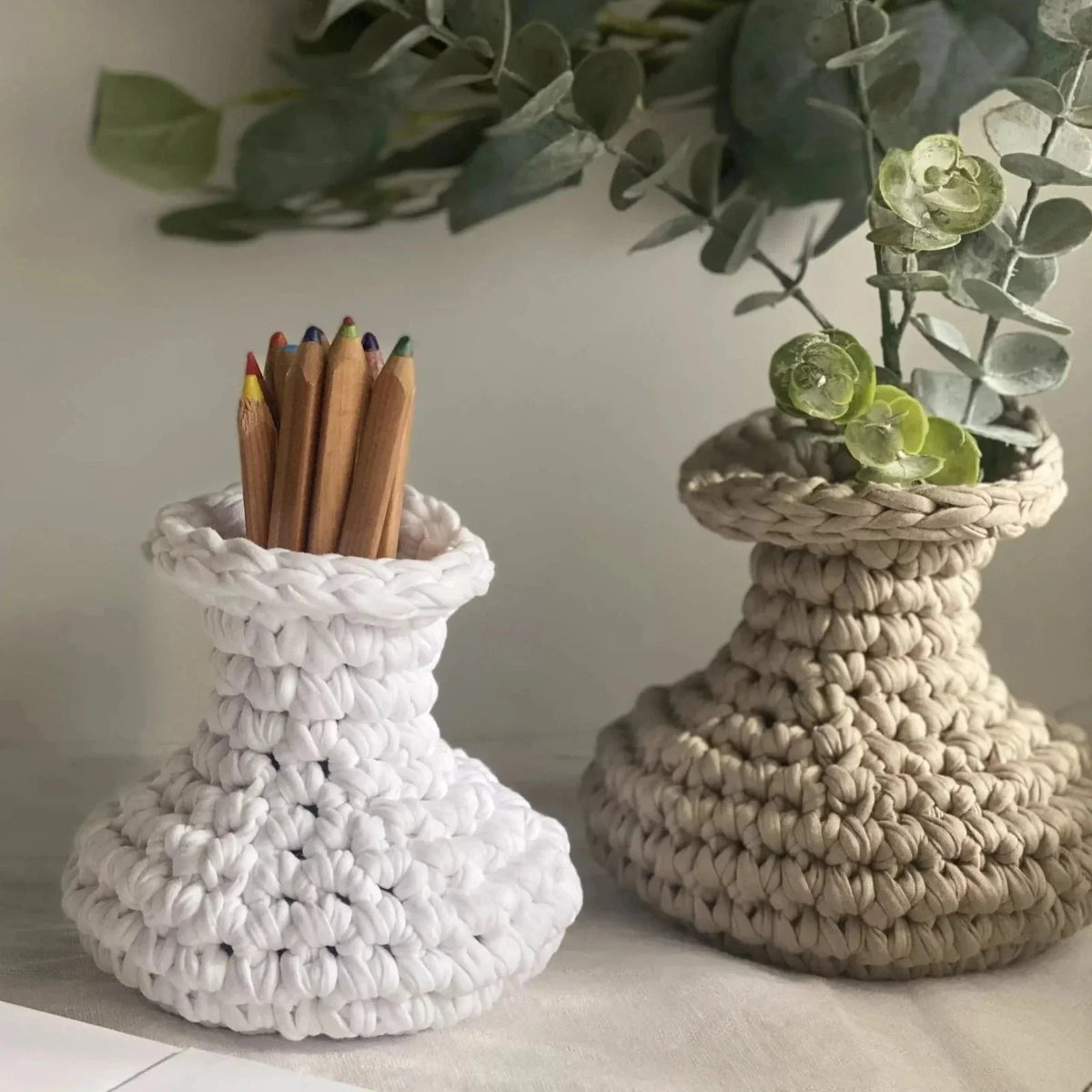 Unique Crochet Vase, Beige Rustic Jar