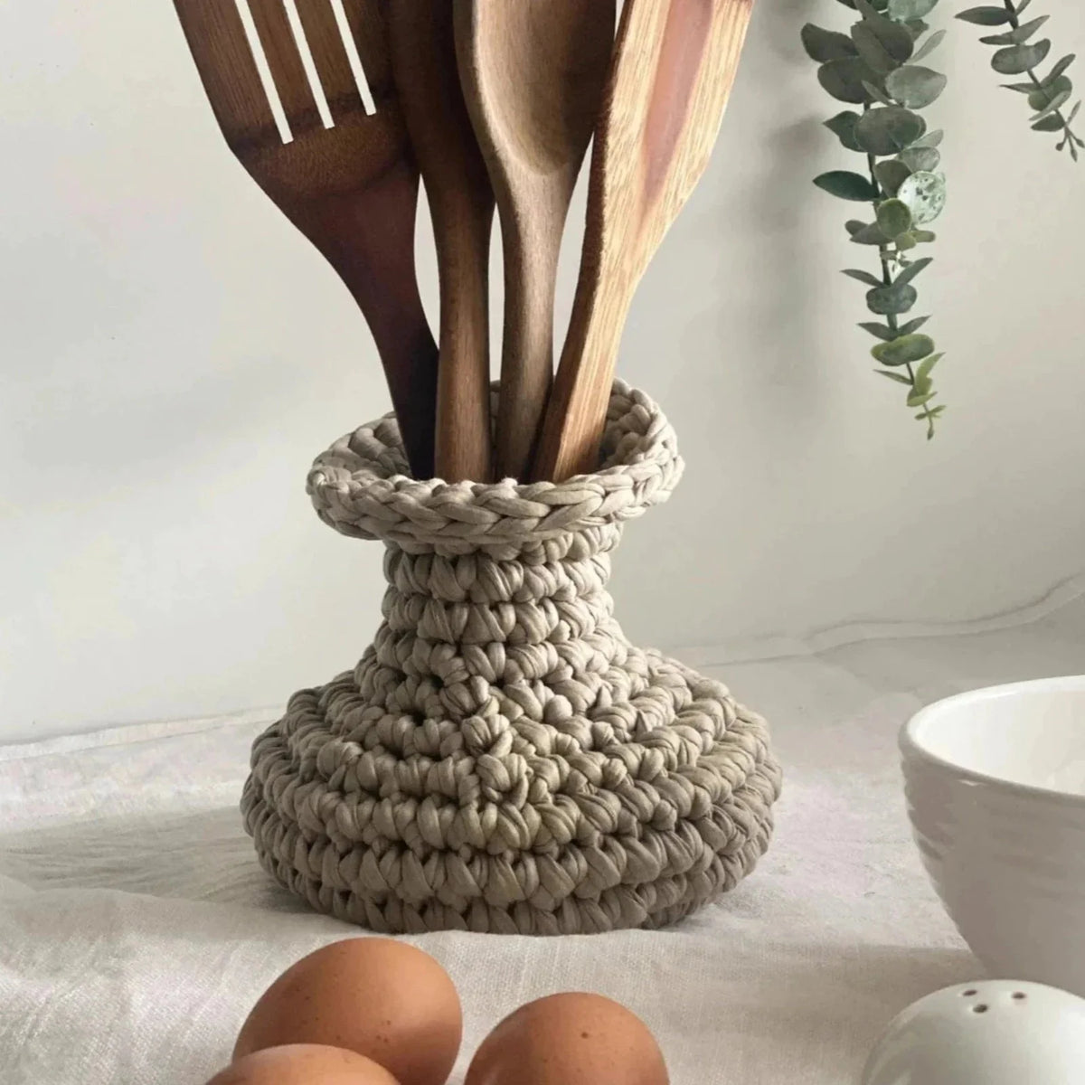 Unique Crochet Vase, Beige Rustic Jar