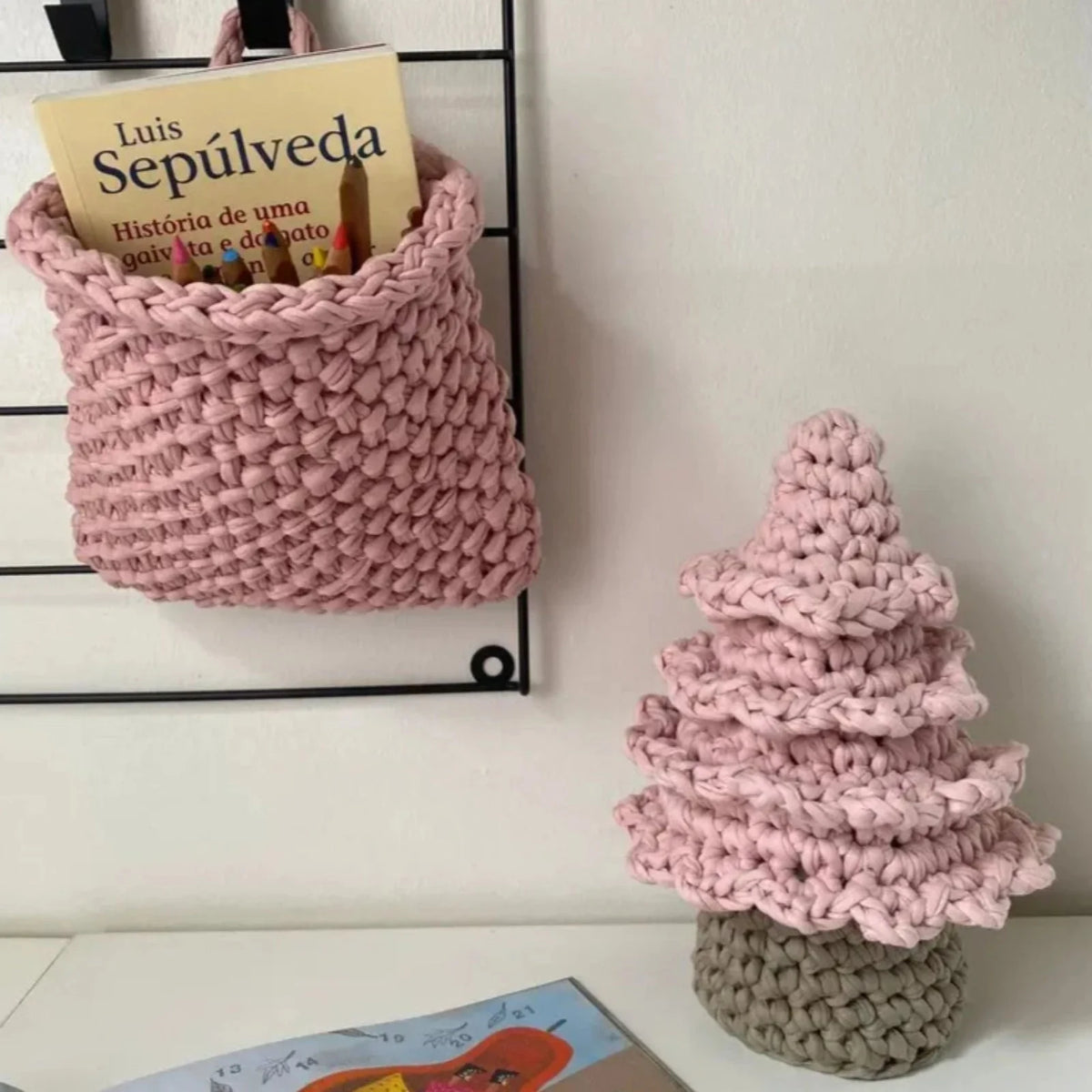 Wandkörbe zum Aufhängen | Gestrickte Tasche in Pastellrosa
