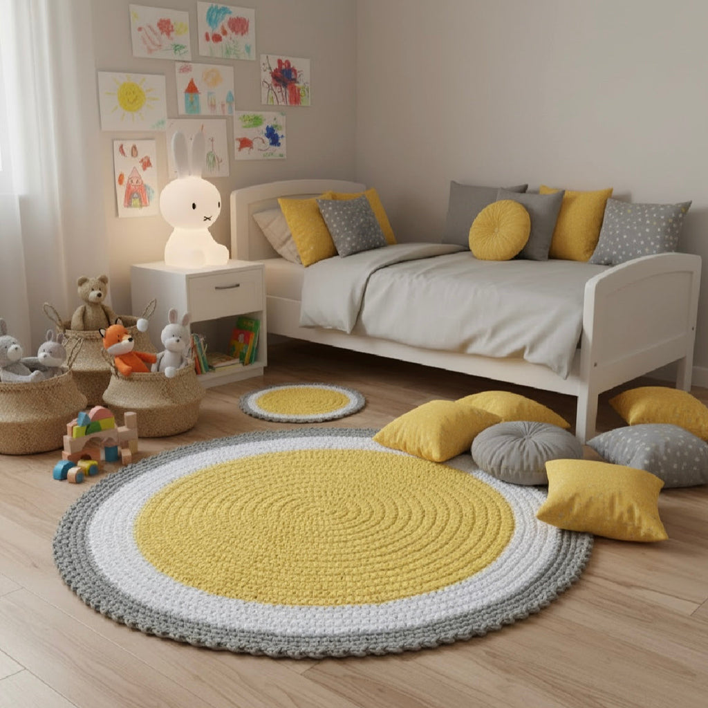 Yellow Crochet Round Rug, Washable Floor Rug Mat